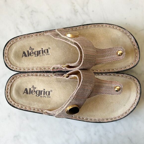 Alegria Carina Pink/Beige/Gold Leather Thong Sandals - Women's 37/6.5 - Picture 8 of 9